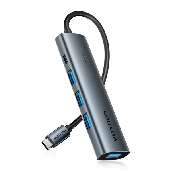 Vention Hub USB 5 en 1 - Cable USB-C de 15cm - 4xUSB-A - USB-C - Indicador LED - Velocidad hasta 5Gbps - Color Gris