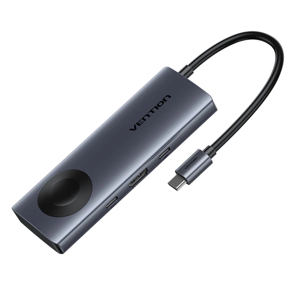 Vention Estacion de Docking 6 en 1 - 100W - Cable USB-C de 15cm Integrado - HDMI 4K - 2xUSB-C - 2xUSB-A - Power Delivery - Cargador Inalambrico - Color Gris
