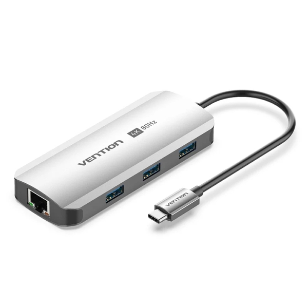 Vention Estacion de Docking 6 en 1 - 100W - Cable USB-C de 15cm Integrado - HDMI 4K - Ethernet RJ45 - 3xUSB-A - USB-C - Power Delivery - Color Gris