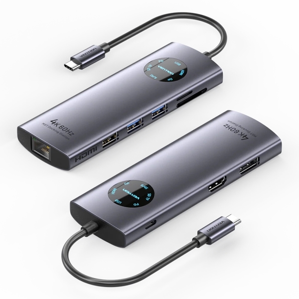 Vention Estacion de Docking 9 en 1 - 100W - Cable USB-C de 15cm Integrado - HDMI 4K - Displayport - Ethernet RJ45 - USB-C - Tarjeta TF - SD - 3xUSB-A - Power Delivery - Color Gris