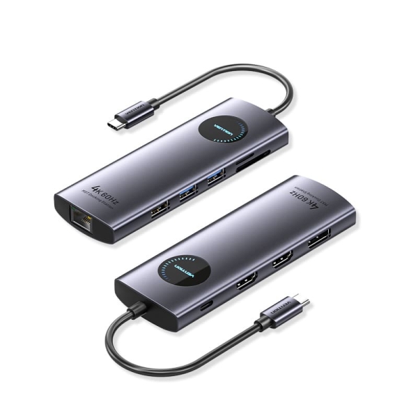 Vention Estacion de Docking 10 en 1 - 100W - Cable USB-C de 15cm Integrado - 2xHDMI 4K - Ethernet RJ45 - Displayport - USB-C - Tarjeta TF - SD - 3xUSB-A - Power Delivery - Color Gris