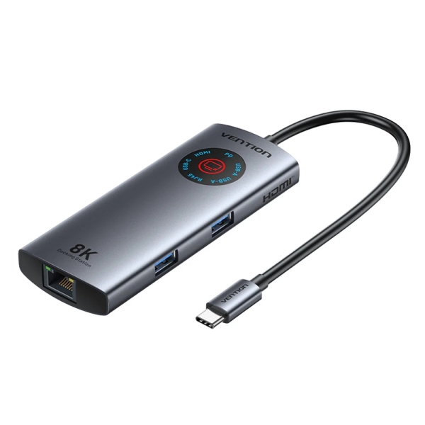 Vention Estacion de Docking 6 en 1 - 100W - Cable USB-C de 15cm Integrado - Pantalla LED - Ethernet RJ45 - 2xUSB-C - 2xUSB-A - HDMI 8K - Power Delivery - Color Gris