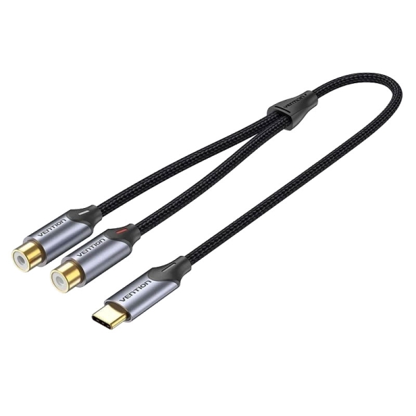 Vention Cable Adaptador de Audio - Longitud 1.5m - USB-C Macho - 2xRCA Hembra - Aluminio - Conectores Chapados en Oro - 29 AWG - Color Gris