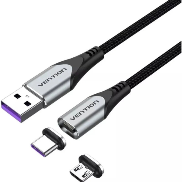 Vention Cable USB 2.0 - Longitud 50cm - USB-A - USB-C y Micro-USB Intercambiables - Velocidad hasta 480Mbps - Recubrimiento de Nailon Trenzado - Color Gris