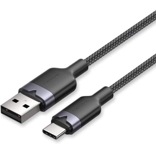 Vention Cable USB 2.0 - Potencia hasta 60W - Longitud 2m - USB-A - USB-C - Velocidad hasta 480Mbps - Recubrimiento de Algodon Trenzado - Color Negro