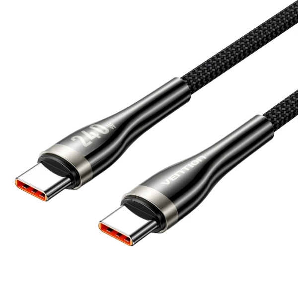 Vention Cable USB-C - Potencia hasta 240W - Longitud 2m - Recubrimiento de Nailon Trenzado - Velocidad hasta 480Mbps - Chip E-Marker - Color Negro