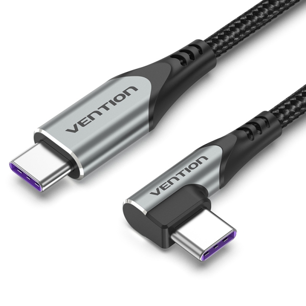 Vention Cable USB-C Acodado - 100W Power Delivery - Longitud 2m - Transferencias hasta 480Mbps - Recubrimiento de Nailon Trenzado - Color Gris