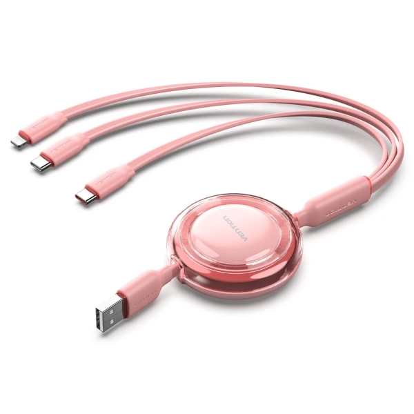 Vention Cable USB Multiple - Longitud Ajustable hasta 1.1m - Retractil - USB-A - 2xUSB-C - Lightning - Velocidad hasta 480Mbps - Color Rosa