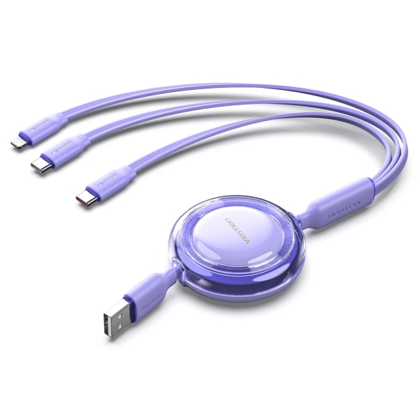 Vention Cable USB Multiple - Longitud Ajustable hasta 1.1m - Retractil - USB-A - 2xUSB-C - Lightning - Velocidad hasta 480Mbps - Color Morado