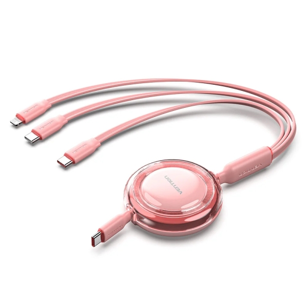 Vention Cable USB Multiple - Potencia Maxima 100W - Retractil - Longitud Ajustable hasta 1.1m - USB-A - 2xUSB-C - Lightning - Velocidad hasta 480Mbps - Color Rosa