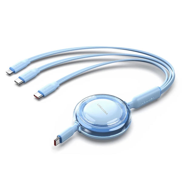 Vention Cable USB Multiple - Potencia Maxima 100W - Retractil - Longitud Ajustable hasta 1.1m - USB-A - 2xUSB-C - Lightning - Velocidad hasta 480Mbps - Color Azul