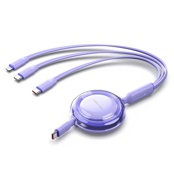 Vention Cable USB Multiple - Potencia Maxima 100W - Retractil - Longitud Ajustable hasta 1.1m - USB-A - 2xUSB-C - Lightning - Velocidad hasta 480Mbps - Color Morado