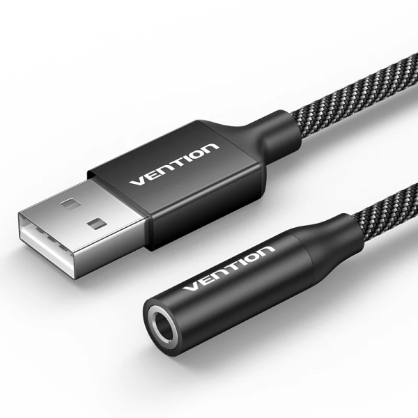 Vention Adapatador de Audio - Jack 3.5mm Hembra - USB-C Macho - Chaqueta Trenzada de Algodon - Cable 25cm - Aluminio - Color Negro