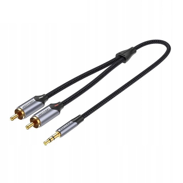 Vention Cable de Audio Estereo - Longitud 5m - Jack 3.5mm - 2xRCA - Conectores Chapados en Oro - Chaqueta Trenzada de Algodon y PVC - Color Gris