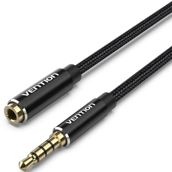 Vention Cable Extensor de Audio Estereo de 10m - Jack 3.5mm Macho - Jack 3.5mm Hembra - Conectores Chapados en Oro - Chaqueta Trenzada de Algodon y PVC - Carcasa de Aluminio - Color Negro