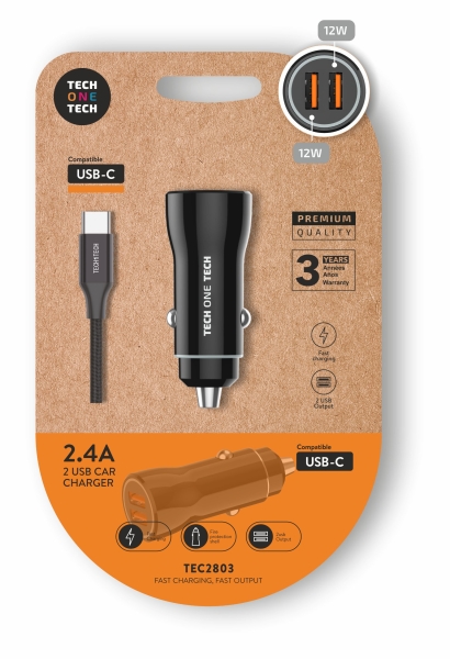 TechOneTech Cargador Doble de Coche + Cable USB-A a USB-C - Alto Rendimiento - Color Negro