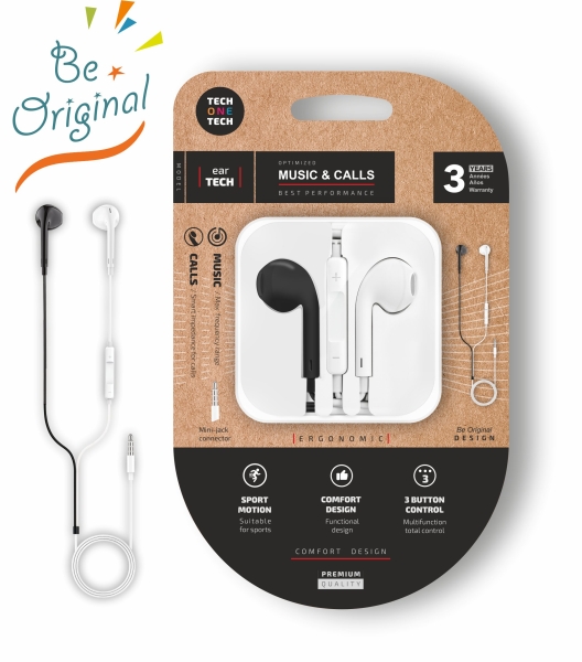 TechOneTech EearTech B&W Be Original Auriculares Intraurales - Microfono Integrado - Mini Jack 3.5mm - Cable de 1.20m - Blanco/Negro
