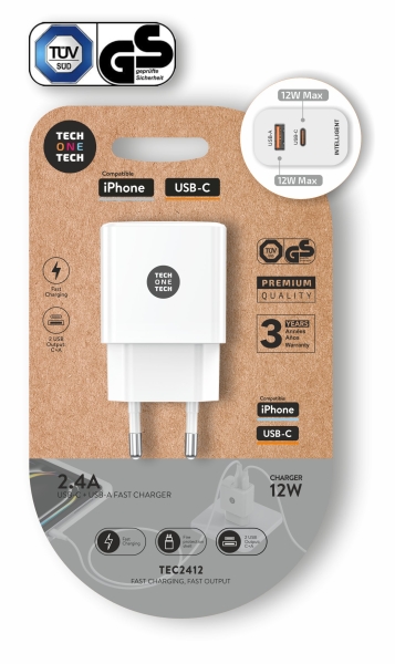 TechOneTech Cargador Doble de Pared USB-A a USB-C  12W Blanco