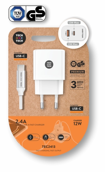 TechOneTech Cargador Doble de Pared + Cable USB-A a USB-C 1m - Recubierto de Nylon Trenzado Blanco