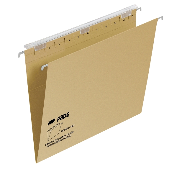 Fade Tiki Carpeta Colgante - Formato A4 - Lomo en V - Visor con Efecto Lupa - Varilla Metalica - Cartulina de 220g - Certificado Ecologico Blue Angel - Color Marron