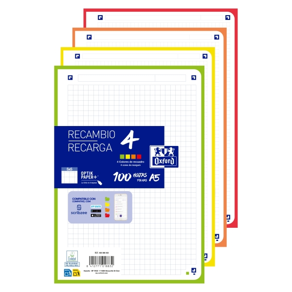 Oxford Recambios de 100 Hojas - Formato A5 - Cuadricula 5x5mm - 4 Taladros - Digitalizacion de Textos con App - Bandas de Colores Surtidos