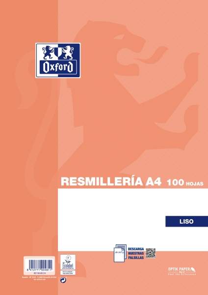 Oxford Resmilleria de 100 Hojas Lisas - Formato A4 - Tapa Blanda - sin Taladros - Color Naranja