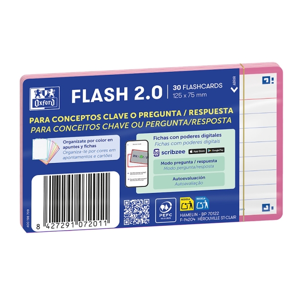 Oxford Pack de 30 FlashCards 2.0 - Formato A7 - Rayado Horizontal 1 Linea - Cartulina de 250g - Digitalizacion de Textos con App - Color Rosa