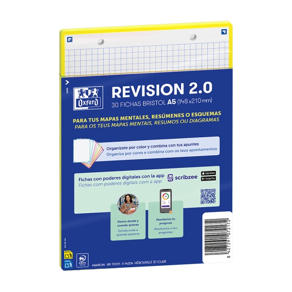 Oxford Pack de 30 FlashCards 2.0 - Formato A5 - Cuadricula 5x5mm - Cartulina de 250g - Digitalizacion de Textos con App - Color Amarillo