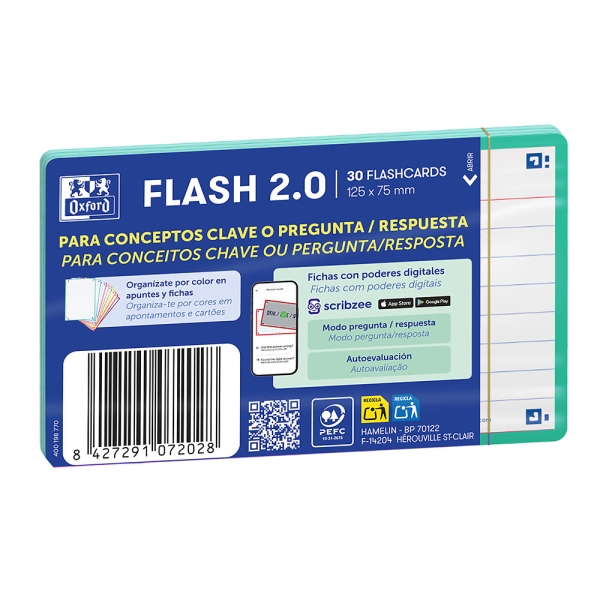 Oxford Pack de 30 FlashCards 2.0 - Formato A7 - Rayado Horizontal 1 Linea - Cartulina de 250g - Digitalizacion de Textos con App - Color Menta
