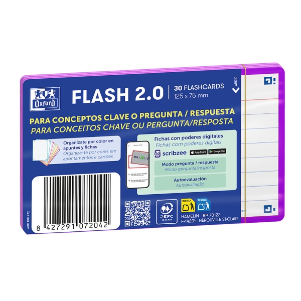 Oxford Pack de 30 FlashCards 2.0 - Formato A7 - Rayado Horizontal 1 Linea - Cartulina de 250g - Digitalizacion de Textos con App - Color Morado
