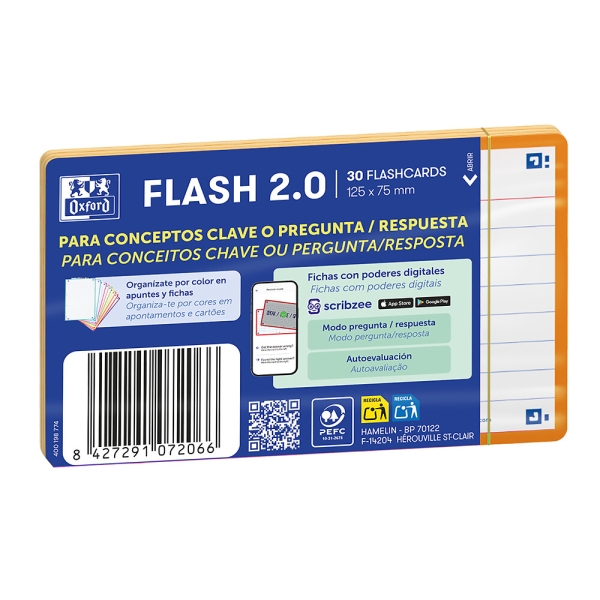 Oxford Pack de 30 FlashCards 2.0 - Formato A7 - Rayado Horizontal 1 Linea - Cartulina de 250g - Digitalizacion de Textos con App - Color Naranja