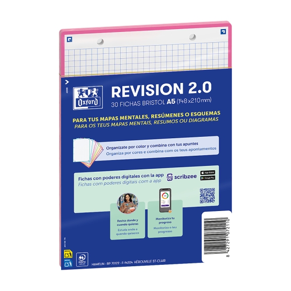 Oxford Pack de 30 FlashCards 2.0 - Formato A5 - Cuadricula 5x5mm - Cartulina de 250g - Digitalizacion de Textos con App - Color Rosa