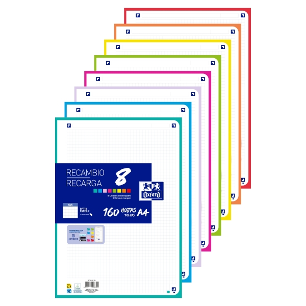 Oxford Recambio de 160 Hojas con 4 Taladros - Formato A4 - Cuadricula 5x5 Enmarcada - Anti Traspaso de Tinta - Digitalizacion de Textos con App - Colores Surtidos