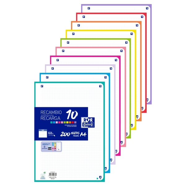 Oxford Recambio de 200 Hojas con 4 Taladros - Formato A4 - Cuadricula 5x5 Enmarcada - Anti Traspaso de Tinta - Digitalizacion de Textos con App - Colores Surtidos