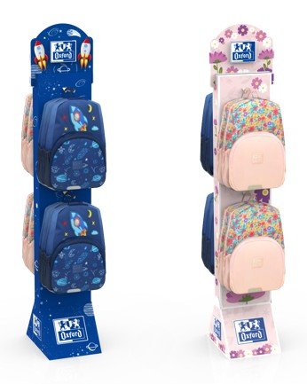 Oxford Expositor con 6 Mochilas - 3 Modelos Space - 3 Modelos Floral - Colores Surtidos