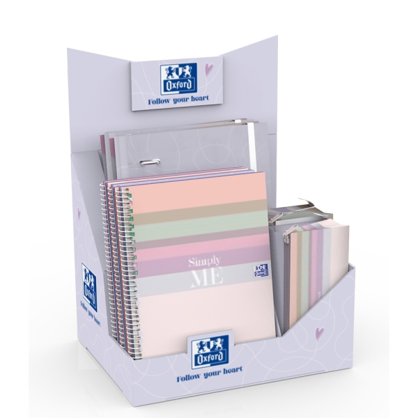 Oxford Cute Expositor con 14 Productos - 4 Carpetas de Anillas A4+ - 5 Cuadernos de Espiral A5+ - 4 Estuches Portatodo Triangulares - Colores Surtidos