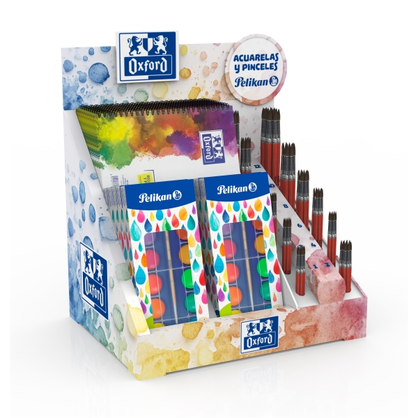 Oxford Expositor con 10 Blocs de Acuarela A4 - Expositor con 10 Estuches de Acuarela F355 - Pinceles de Diferentes Formatos - Colores Surtidos