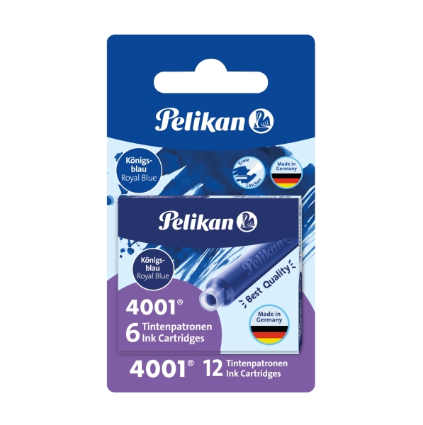 Pelikan 4001 Pack de 12 Cartuchos de Recambio - Tinta Borrable - Presentado en Blister - Color Azul Real
