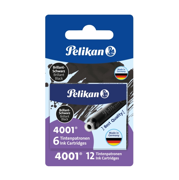 Pelikan 4001 Pack de 12 Cartuchos de Recambio - Tinta Duradera - Presentado en Blister - Color Negro Brillante