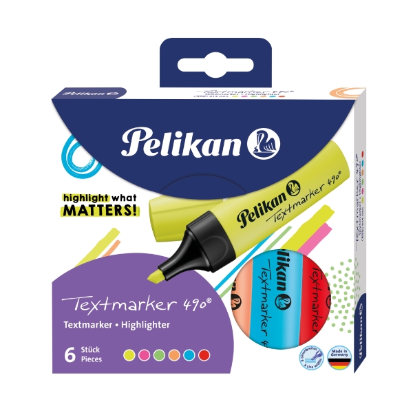 Pelikan Textmarker 490 Pack de 6 Marcadores Fluorescentes - Base de Agua - Punta Biselada con 3 Anchos de Trazo - Colores Surtidos