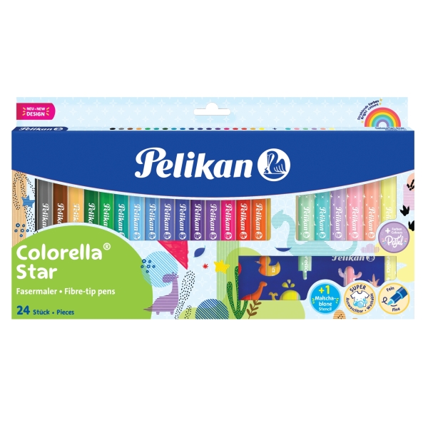 Pelikan Colorella Star Pack de 24 Rotuladores de Colores - Punta Fina - Lavables - No Toxicos - Colores Fluorescentes y Pastel Surtidos