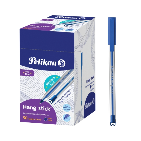 Pelikan Hang Stick Boligrafo de Bola - Trazo de 1mm - Capuchon Antiasfixia - Cuerpo Triangular Ergonomico - Gancho - Tinta a Base de Aceite - Color Azul