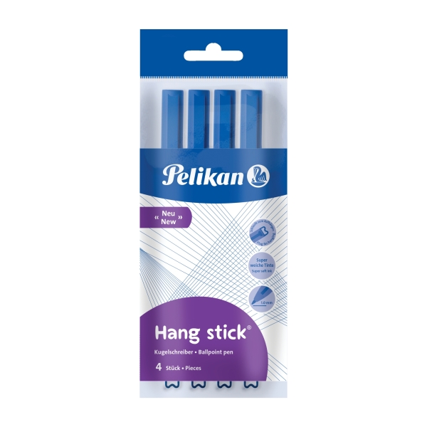 Pelikan Hang Stick Pack de 4 Boligrafos de Bola - Trazo de 1mm - Capuchon Antiasfixia - Cuerpo Triangular Ergonomico - Gancho - Tinta a Base de Aceite - Color Azul