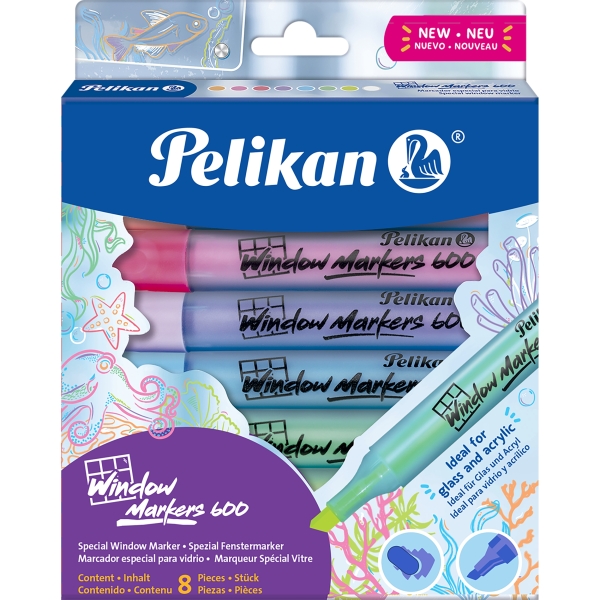 Pelikan Window Marker 600 Pack de 8 Marcadores para Ventana - Punta Biselada con 3 Grosores - Colores Surtidos