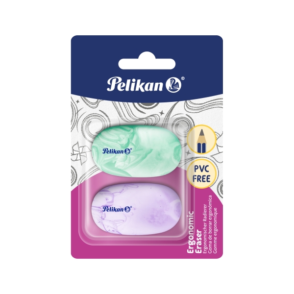 Pelikan Ergonomic Eraser Pack de 2 Gomas de Borrar - Vinilo - Blister - sin PVC - Efecto Marmol - Colores Surtidos