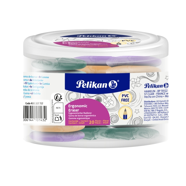 Pelikan Ergonomic Eraser Pack de 20 Gomas de Borrar - Vinilo - sin PVC - Efecto Marmol - Colores Surtidos