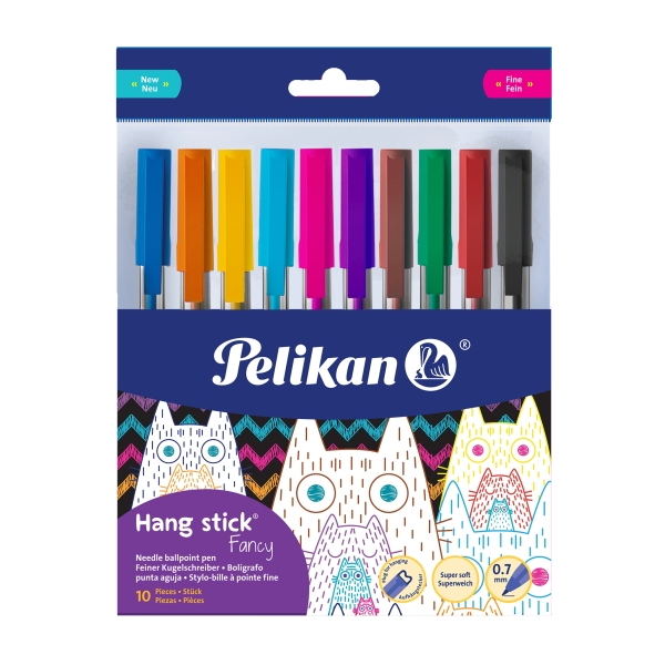 Pelikan Hang Stick Pack de 10 Boligrafos de Bola - Trazo de 0.7mm - Capuchon Antiasfixia - Cuerpo Triangular Ergonomico - Gancho - Tinta a Base de Aceite - Colores Surtidos