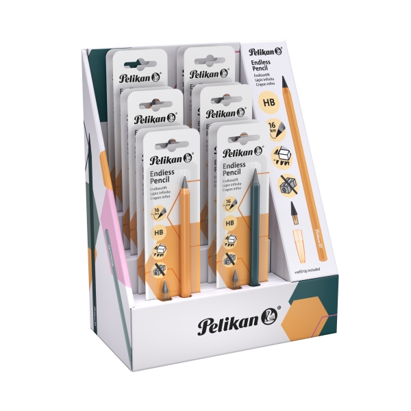 Pelikan Expositor con 12 Lapices Infinitos - Cuerpo de Aluminio - Permite Escribir hasta 16km sin Afilar - Capuchon a Juego - Borrable - Colores Surtidos