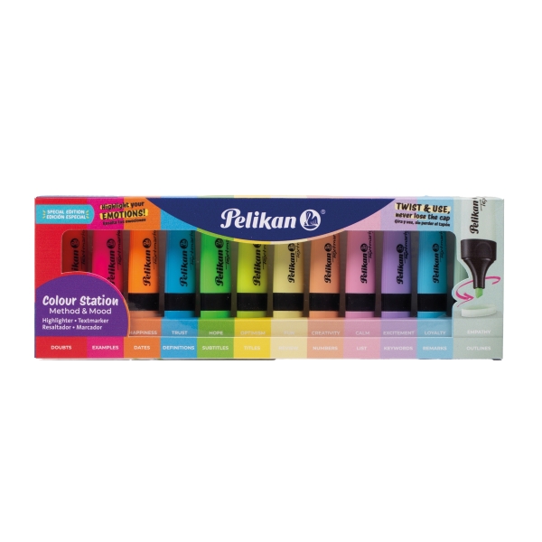 Pelikan Textmarker 490 Pack de 12 Marcadores Fluorescentes Pastel y Neon - Base de Agua - Base Organizadora de Escritorio - Punta Biselada con 3 Anchos de Trazo - Colores Surtidos