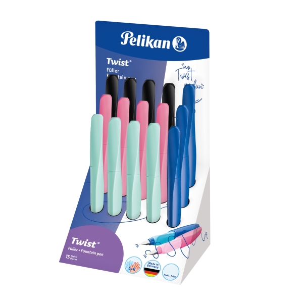 Pelikan Twist Expositor con 15 Plumas Estilograficas - Punta M - Uso Ambidiestro - Incluye Cartucho de Tinta - Colores Surtidos